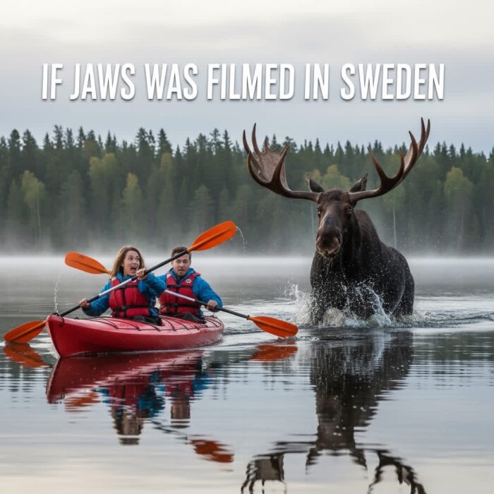 Två paddlare i en röd kajak på en sjö undviker en stor älg som springer genom vattnet, omgiven av skog och dimma.