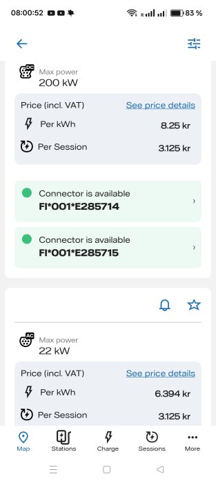 Laddstationer med prisinformation för elbil: 200 kW DC och 22 kW AC, 8,25 kr/kWh och 6,394 kr/kWh respektive, samt sessionavgift på 3,125 kr.