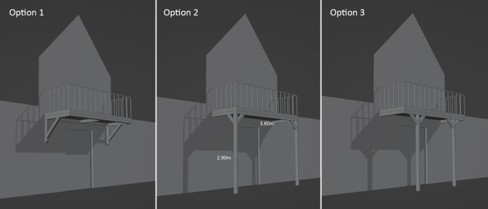 Tre alternativ för estetiska balkongstöd visas i en skiss. Option 1: vinklade stag; Option 2: ett mittstöd, 3.80m; Option 3: två mittstöd, 2.90m.