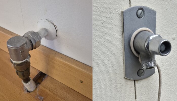 Vattenutkast med kopplingar monterade på en vägg, en del inomhus och en utomhus. Visar åldrande rör och vattenkran i behov av underhåll.