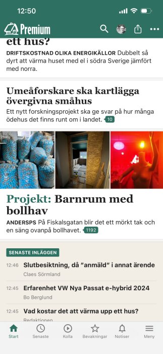 Skärmbild av en artikel om olika byggprojekt med rubriker som "Umeåforskare ska kartlägga övergivna småhus" och "Projekt: Barnrum med bollhav".
