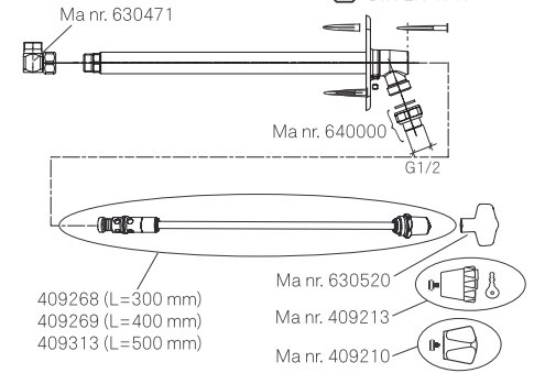 Ritning av kranventil och utkastare med delar numrerade, inklusive packning på en lång stång och mätningar av olika längder.