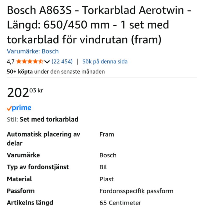 Bosch A863S vindrutetorkare Aerotwin 650/450 mm set, pris 202 kr på Amazon, med kundbetyg och detaljer som material och fordonsanpassning.