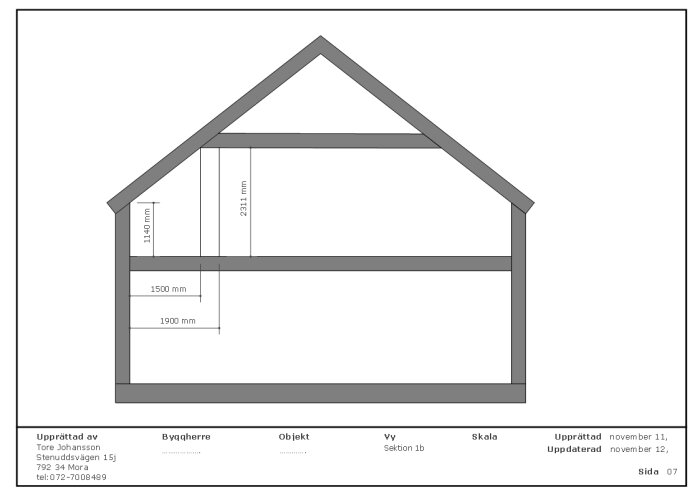 Ritning av hussektion med mått: 2311 mm bredd, 1140 mm höjd, och våningar med 1500 mm och 1900 mm avstånd.