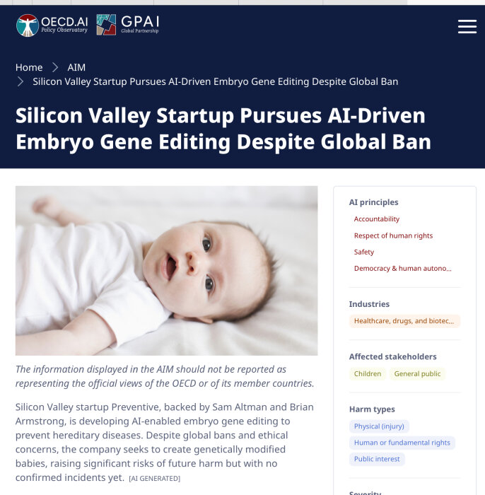 Spädbarn liggandes på en vit filt, med text om AI-driven genredigering på webbplats för AI-policy och etik.