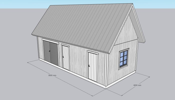 Skiss av ett förråd med måtten 9000 mm x 4000 mm, med två dörrar och ett fönster på långsidan under ett sadeltak.
