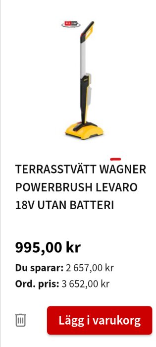 Terrasstvätt Wagner Powerbrush Levaro 18V utan batteri i gul och svart, pris 995 kr, spara 2657 kr, ord. pris 3652 kr.