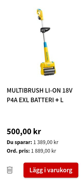 Multibrush Li-On 18V golv- och terrassborste i gult och blått visas med pris 500 kr, ursprungligt pris 1889 kr, sparar 1389 kr.
