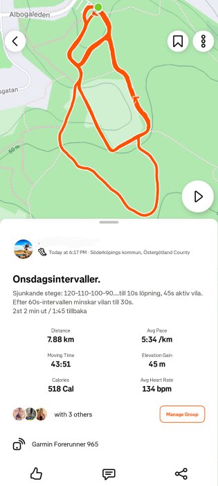 Karta över löprunda i Söderköping med detaljer om distans, tid och kaloriförbrukning. Rundan mäter 7,88 km med en medelhastighet på 5:34/km.