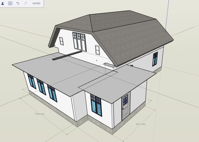 3D-modell av ett hus med enkla vita väggar och ett grått sadeltak, letar tips för ett snyggt takprojekt.