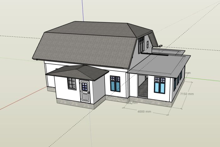 Renderad 3D-modell av ett hus med komplex takstruktur, visar skarpa vinklar och två fönster på framsidan.