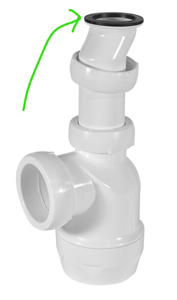 Bild på ett vitt vattenlås med en sned mutter markerad med en grön pil.