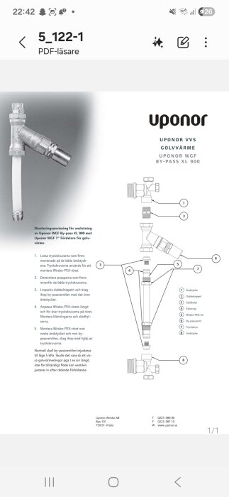 Instruktioner för montering av Uponor WGF By-pass XL 900 för golvvärme, med numrerade komponenter och justering av by-passventil.