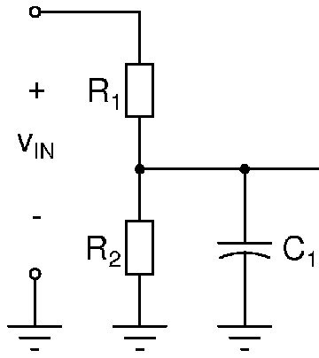 Kretsdiagram med två seriekopplade resistorer, R1 och R2, och en kondensator C1 parallellt mot jord. Vin går in före R1.