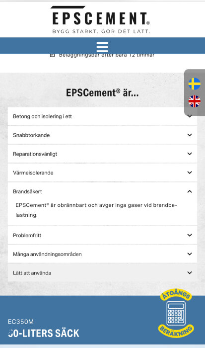 EPSCement-produktinformation med egenskaper som brandsäkert, värmeisolerande och problemfritt, visas i en grå-vit layout.