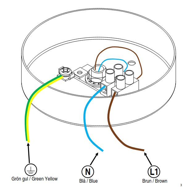 Elkabling för lampa med kablar i färgerna grön-gul, blå och brun. Texter: Grön gul, Blå, Brun.