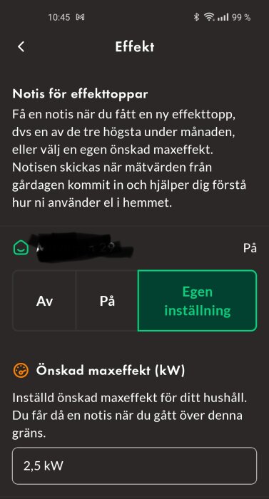 Skärmdump av en app som visar inställningar för notiser vid effekttoppar och önskad maxeffekt på 2,5 kW.