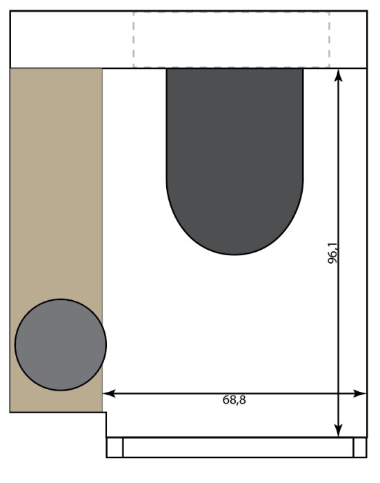 Skiss av toalett med mått; inkluderar vägghängd toalett och vask. Rummet är kompakt med ventilation noterat.