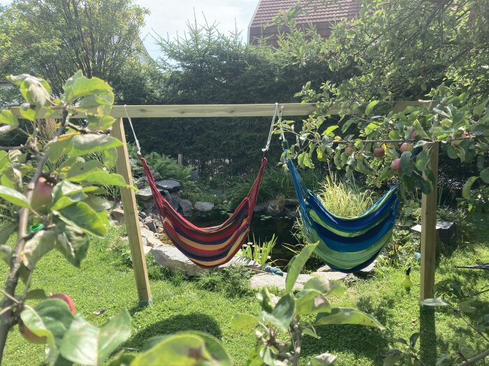 Två hängmattor av tyg hänger på en träram i en trädgård med en damm och grönskande växter i bakgrunden.