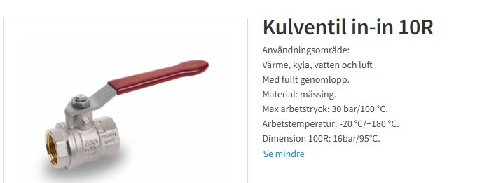 Kulventil i mässing med rött handtag, in-in 10R, för användning i värme och vatten. Max arbetstryck 30 bar, arbetstemperatur -20°C till +180°C.