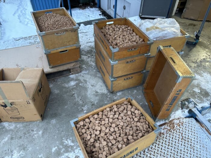 Trälådor fyllda med korkbitar placerade utomhus på snötäckt mark. Korgar i varierande höjder står öppna bredvid varandra.