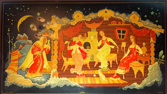 Målning av ryskt lackarbete i tempera, visar tre kvinnor i traditionell klädsel i en stuga, målad av Stepanov, titeln "Tri Devitsi".