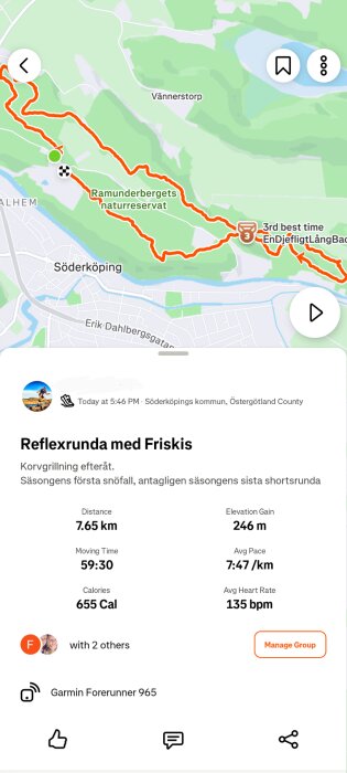 Karta över löprunda i Söderköping, reflexrunda med Friskis, 7,65 km, 246 m stigning, avslutad med korvgrillning. Registrerad med Garmin Forerunner 965.