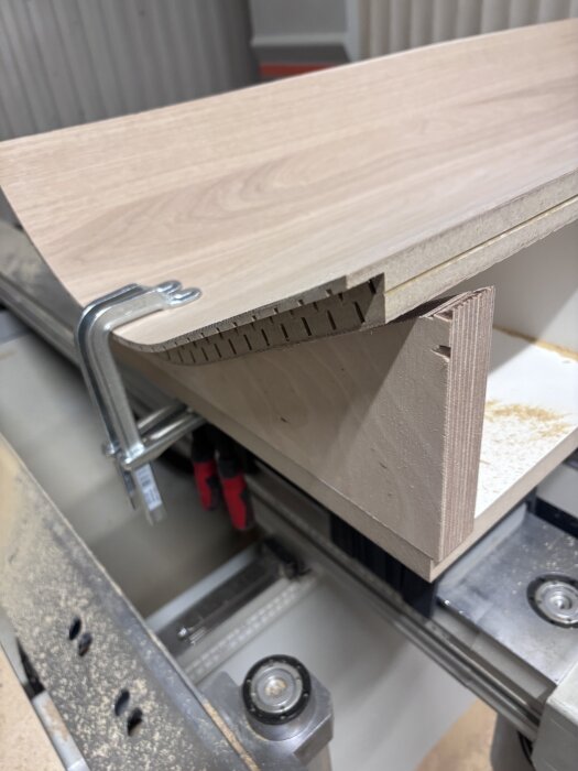 Svängd träskiva i spännverktyg under bearbetning, synlig falsad kantlist.