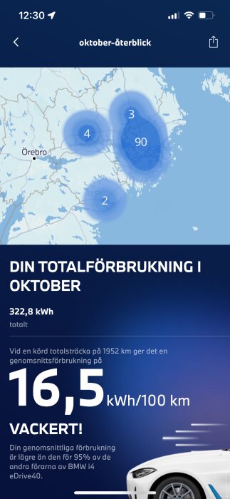 BMW i4 oktoberrapport visar kartnoder och totalförbrukning: 322,8 kWh och 16,5 kWh/100 km. Bilen visas delvis.