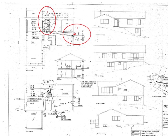 Byggnadsritning med två röda cirklar; den markerade cirkeln (#2) visar ett område ovanför köket med potentiell avfuktare och ett plaströr genom taket.