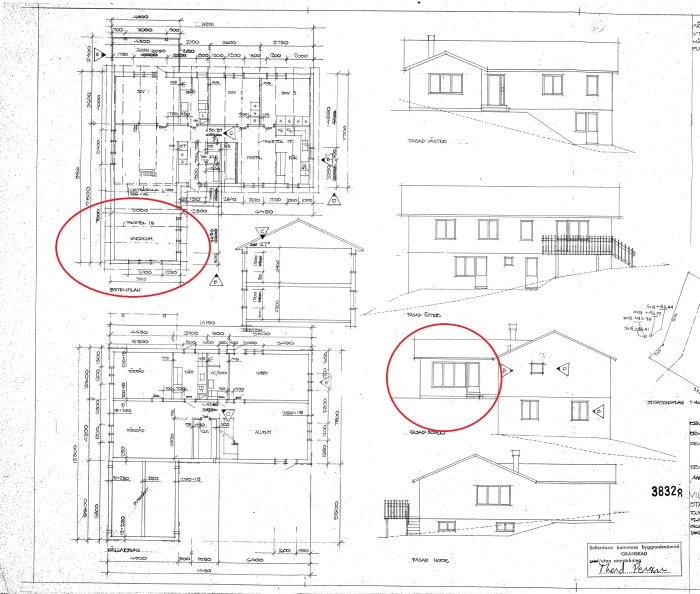 Byggnadsritning av hus från 1974 med fokusering på bottenplan och fasader; planer för att byta takstolar och ändra takvinkel.