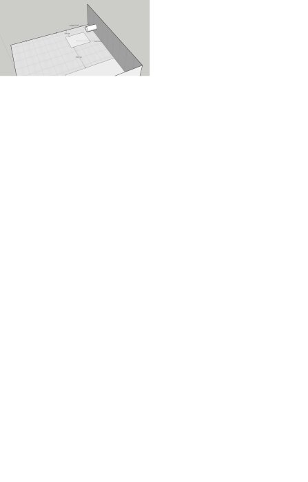 3D-skiss över badrum med toalettavlopp, måttangivelser för sidoförflyttning av toalett mot väggen, avloppsrör 110 mm med P-lås.