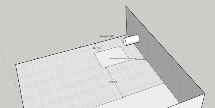 3D-ritning av badrum med mått på golv och avlopp, markerar plats för toalettstol.