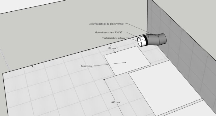 Diagram av badrumslayout med markering för toalettstolens placering och anslutning till avlopp, inklusive mått och komponenter.