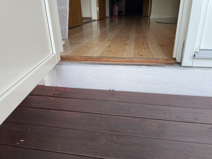 Altandörr öppnas mot träaltan, visar ingång med tröskel och ljus träparkett inomhus. Diskussion om eventuell plåt under dörren förväntas.