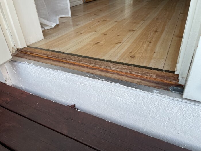 Altandörrens tröskel utan skyddsplåt, med ljus träparkett inomhus och mörkt trädäck utanför. Vitmålad karm och tröskel.