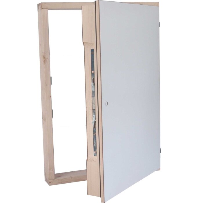 Vit vägglucka med träram för kattvindar, delvis öppnad och visar gångjärn och skruvhål.