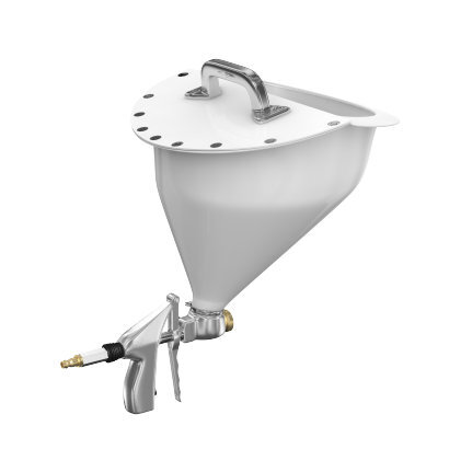 Putsspruta med stor behållare och handtag, använd för att spruta puts på väggar.