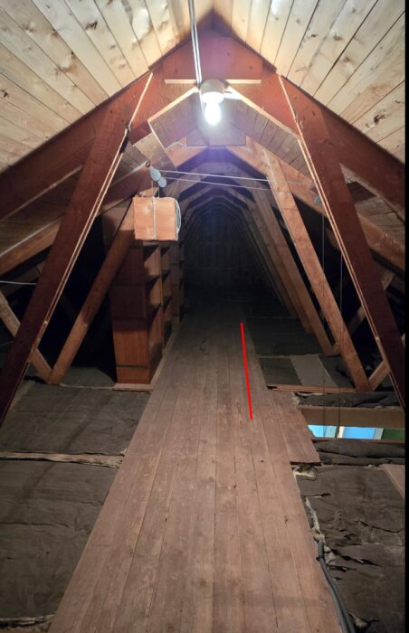Vindsutrymme med träbjälkar och golvbrädor, en röd linje markerar mitt i bilden.