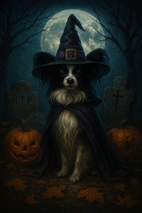 Hund utklädd som häxa framför gravstenar och pumpor, nattlig stämning med fullmåne i bakgrunden.