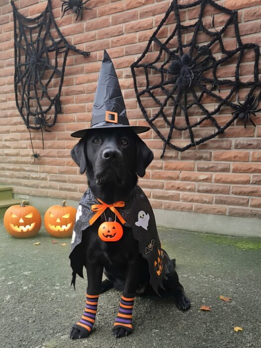 Hund utklädd i häxdräkt framför en vägg med spindelväv och pumpor.
