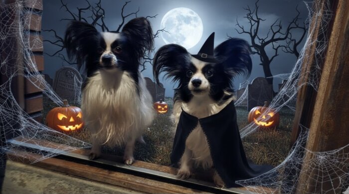Två hundar digitalt utklädda till halloween, en med häxhatt. Bakgrund med spindelnät, pumpor, gravstenar och en fullmåne.