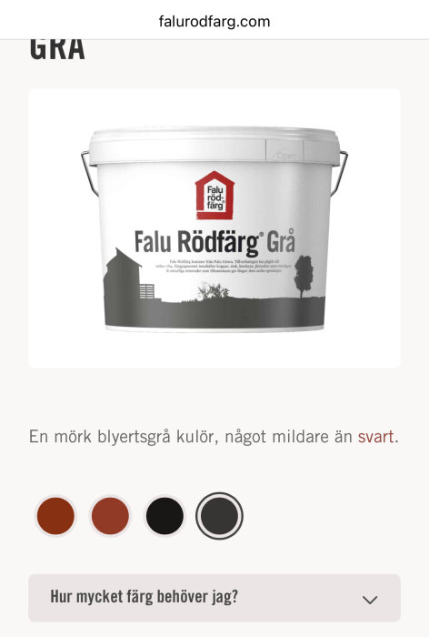 Förpackning av Falu Rödfärg Grå, en mörk blyertsgrå nyans, visas i bild.