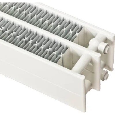 Radiator med vit design och två fästen.