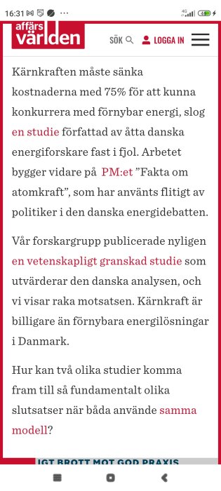 Text från Affärsvärlden som diskuterar kärnkraftskostnader och en vetenskapligt granskad dansk studie.