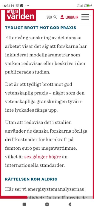 Skärmbild från Affärsvärlden om påstått fel i forskningsrapport från danska energiforskare, rörande felaktiga driftskostnader för kärnkraft.