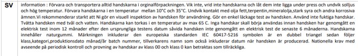 Instruktioner på svenska för förvaring och användning av skyddshandskar vid elektriskt arbete.