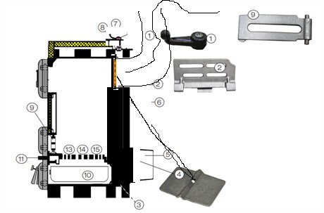 Illustration av konstruktion med numrerade delar och beslag, skapad i Paint; visar detaljerad ritning och uppbyggnad av strukturkomponenter.
