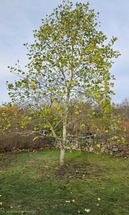 Tulpanträd i trädgård med gröna och gulnande löv, omgiven av gräsmatta och stenvägg i bakgrunden.