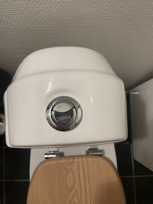 Toalettens övre del med en knapp märkt "Basic" för spolning, från ovan.